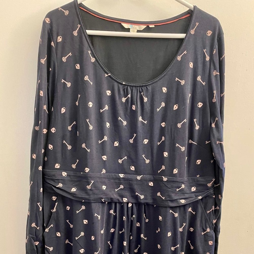 Elegant Navy Blue Dress with Key Pattern